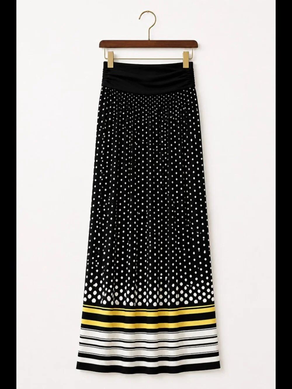 I.N. Studio NWT Black Polka Dot Maxi Skirt Ruched Waist Striped Hem MP